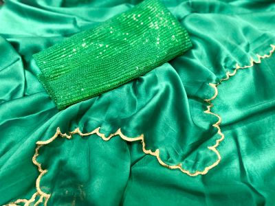 Aqua Green Plain Body Embroidery Work Georgette Silk Saree