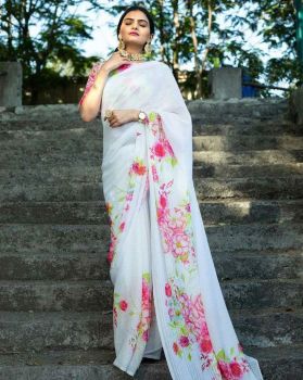 White & Pink Beautiful Saree With Complete Siquence Work