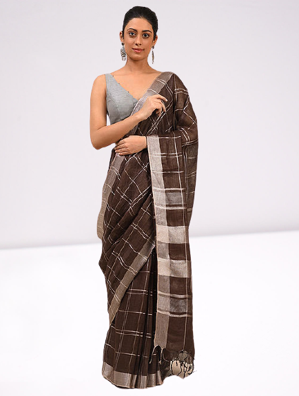 Dark Brown checks Bhagalpur Hand Woven Linen Saree