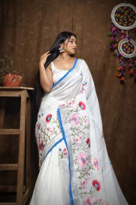 White Pure Handloom Silk Cotton Saree From Bengal
