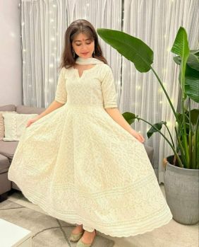 Off White Sequence Work Cotton Kurti Chanderi Duppta With Hand Work
