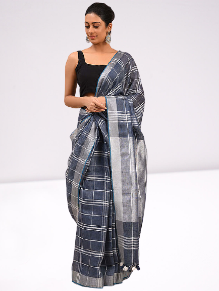 Blue Checks Bhagalpur Hand Woven Linen Saree