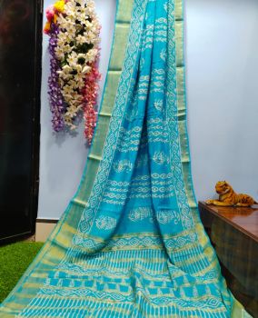 Sea Blue Hand Block Printed Pure Handloom Chiffon Silk Saree
