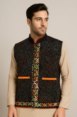 Black Cotton Kantha Hand Stitch Jacket From Bengal