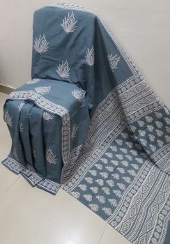 Bright Grey Hand Block Printed Saree