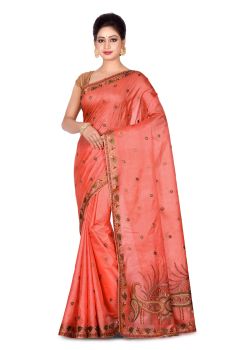 Peach Flower Pure Handloom Tassar Silk Saree