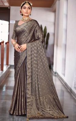 Charcoal Gray Pure Handloom Silk Saree From Banaras