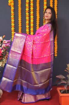Pink Blue Butta Handloom Rich Pallu Zari Work Kanchipuram Silk Saree