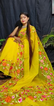 Yellow Pure Resham Maslin Embroidery Kashmire Pashmina Dobol Mina Work Saree