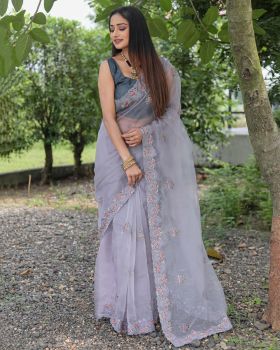 Light Purple Flower Embroidery Work Organza Saree