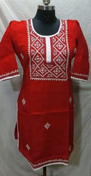 Red White Pure Handloom kurti From Bengal