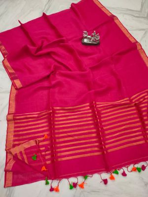 Dark Pink Pure Handloom Linen By Linen Saree From Bengal