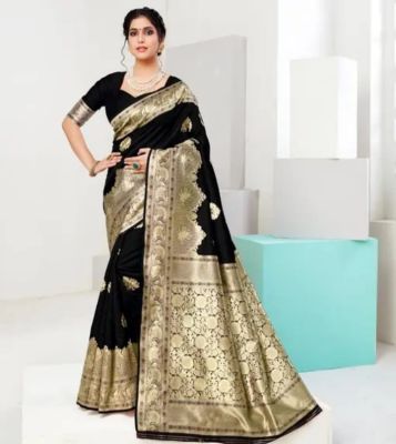 Black Pure Handloom Banarasi Silk Cotton Saree From Banaras