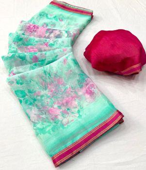 Sea Blue Flower Design Printed Work Chiffon Saree