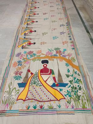 Cream Pure Handloom Kantha Silk Saree From Bengal