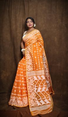 Orange Pure Handloom Dhakai Jamdani Saree From Bengal