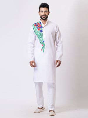 White Handcrafted Pure Cotton Kurta For Men From Bengal