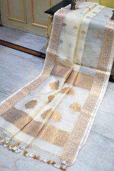 White Pure Handloom Dhakai Jamdani Resham Saree From Bengal