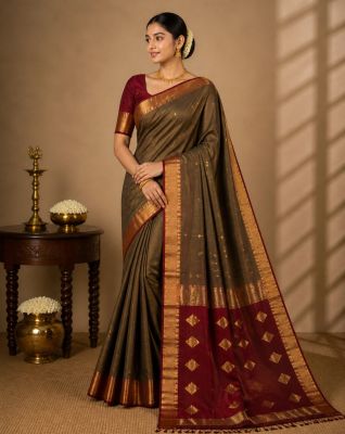 Mehndi Red Pure Handloom Maheshwari Silk Cotton Saree From Bengal