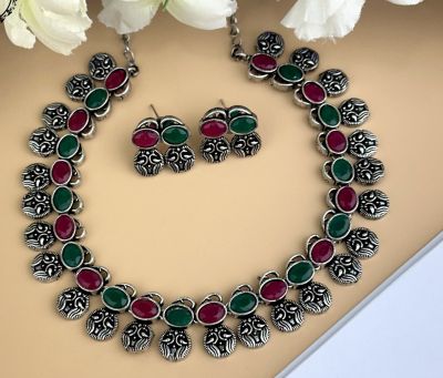 Silver Pure Oxidised Necklace With Multi Colour Stone Jewellery