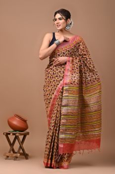 Brown Pure Handloom Linen Cotton Saree From Bihar