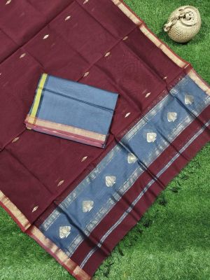 Wine Berry Pure Handloom Maheshwari Silk Cotton Saree From Bengal