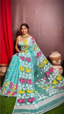 Aqua Blue Pure Handloom Dhakai Jamdan Saree From Bengal