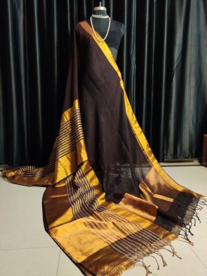 Brown Pure Handloom Linen Cotton Saree From Bengal