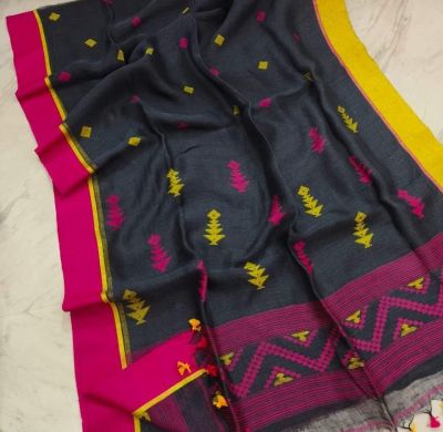 Black Pure Handloom Linen By Linen Saree From Bengal