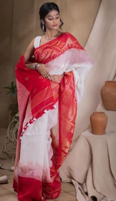 White Red Pure Handloom Linen By Linen Saree From Bengal