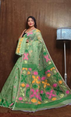 Olive Green Pure Handloom Dhakai Jamdani Saree From Bengal