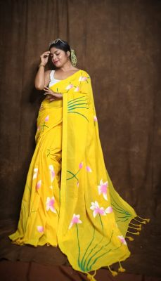 Yellow Pure Handloom Cotton Saree From Bengal
