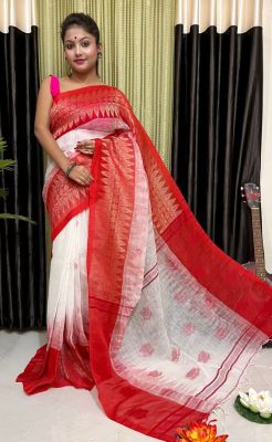 White Red Pure Handloom Linen By Linen Saree From Bengal