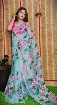 Sea Hand Printed Pure Handloom Organza Saree