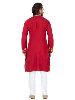 Red Pure Handloom Kantha Stitch Cotton Kurta