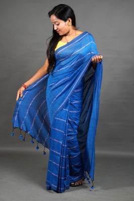 Sky Blue Pure Handloom Cotton Saree From Bengal