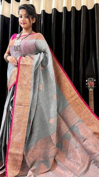 Dove Grey Pure Handloom Soft Cotton By linen Flower Design Saree
