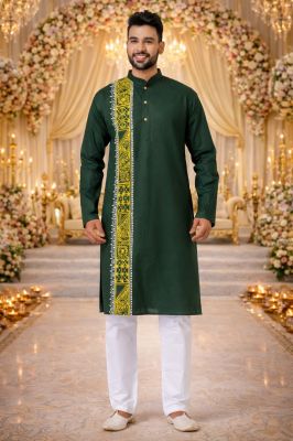 Green Cotton Premium Ethnic Printed Kurta Pyjama Set Festive Special Traditional Style