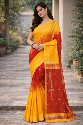 Yellow Red Ikkat Silk Cotton Pure Handloom Saree From Bengal
