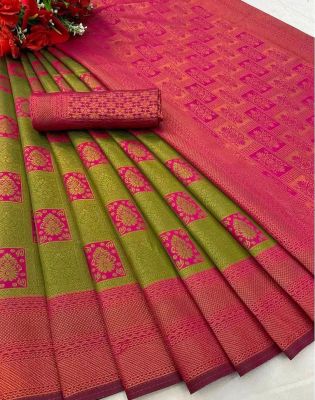 Mehandi Green Pure Handloom Silk Cotton Saree From Banaras