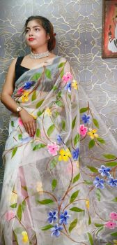 White Hand Printed Pure Handloom Organza Saree