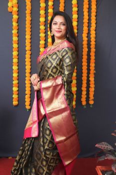 Black Pink Butta Handloom Rich Pallu Zari Work Kanchipuram Silk Saree