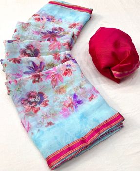 Sky Blue Flower Design Printed Work Chiffon Saree
