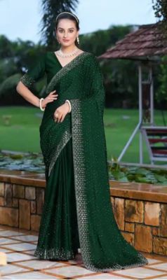 Dark Green Pure Handloom Georgette Saree From Banaras
