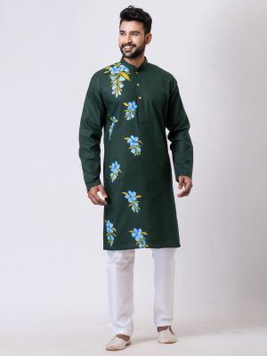 Bottle Green Handcrafted Pure Cotton Kurta For Men From Bengal