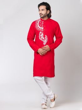 Red Pure Handloom Katha Stitch Kurta From Bengal
