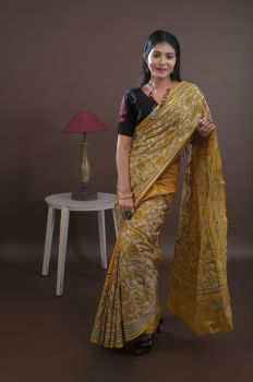 Golden Yellow Pure Handloom Katha Stitch Saree From Bengal