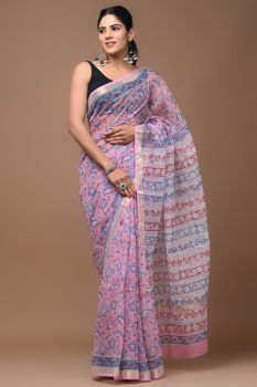 Grey Pink Hand Block Kota Doriya Printed Leaf Design Saree