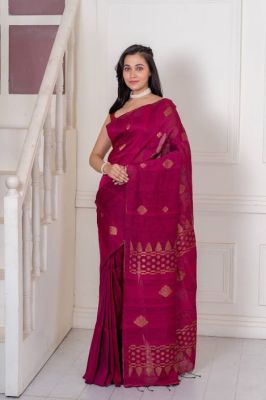Wine Berry Pure Handloom Linen By Linen Saree From Bengal
