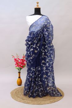 Blue Leaf Thread Work Organza Saree
